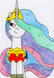 Size: 1972x2851 | Tagged: safe, artist:supahdonarudo, imported from derpibooru, princess celestia, alicorn, pony, clothes, cosplay, costume, female, mare, solo, superhero, traditional art, wonder woman