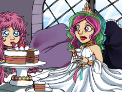 Size: 800x600 | Tagged: safe, artist:seniloko, imported from derpibooru, princess celestia, oc, oc:fluffle puff, human, cake, clothes, cup, dress, food, humanized, tea, teacup, tongue out, wide eyes, window