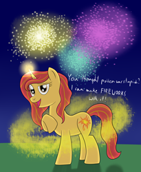 Size: 2300x2800 | Tagged: safe, artist:cloudy95, imported from derpibooru, oc, oc only, oc:leaf spark, pony, unicorn, female, fireworks, high res, magic, mare, night, pollen, solo