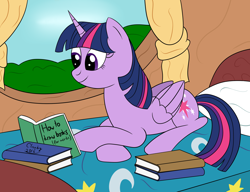 Size: 2600x2000 | Tagged: safe, artist:cloudy95, imported from derpibooru, twilight sparkle, alicorn, pony, bed, book, female, golden oaks library, high res, prone, reading, solo, twilight sparkle (alicorn)