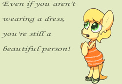 Size: 1300x900 | Tagged: safe, artist:php88, deleted from derpibooru, imported from derpibooru, oc, oc only, oc:golden brisk, pony, bipedal, crossdressing, green background, open mouth, positive message, simple background, solo, standing, text