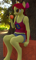 Size: 1005x1680 | Tagged: safe, artist:juicedane, artist:stellarator, imported from derpibooru, apple bloom, anthro, earth pony, unguligrade anthro, 3d, apple, blender, blender cycles, clothes, cycles, female, food, midriff, older, sitting, solo, tanktop