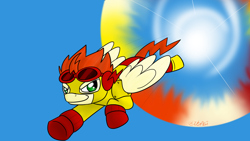 Size: 1024x576 | Tagged: safe, artist:usagi-zakura, imported from derpibooru, pony, dc comics, kid flash, ponified, solo, sonic rainboom, wally west