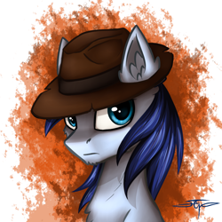 Size: 1000x1000 | Tagged: safe, artist:setharu, imported from derpibooru, oc, oc only, oc:p-21, pony, fallout equestria, fallout equestria: project horizons, bust, chest fluff, ear fluff, frown, hat, male, paint splatter, portrait, signature, solo, stallion