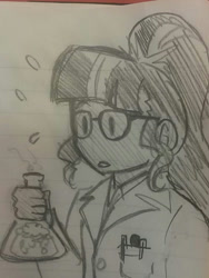 Size: 720x960 | Tagged: safe, artist:funakounasoul, imported from derpibooru, sci-twi, twilight sparkle, equestria girls, adorkable, clothes, cute, dork, erlenmeyer flask, female, glasses, lab coat, lined paper, ponytail, science, sketch, solo, traditional art