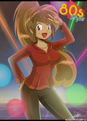 Size: 1420x1969 | Tagged: safe, artist:the-butch-x, imported from derpibooru, oc, oc only, oc:cupcake slash, equestria girls, 80s, anime style, blushing, breasts, clothes, equestria girls-ified, female, gift art, hand on hip, hoodie, looking at you, open mouth, pants, peace sign, signature, smiling, solo, sweater