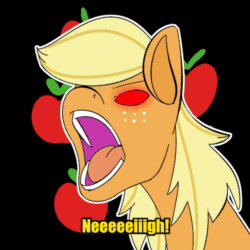 Size: 500x500 | Tagged: safe, artist:koportable, imported from derpibooru, applejack, earth pony, pony, angry, angry horse noises, animated, black background, bust, dragon ball, dragon ball z, female, freckles, gif, glowing eyes, goku, hatless, hoers, horse noises, horses doing horse things, mare, missing accessory, neigh, oozaru, open mouth, red eyes, roar, silly, silly pony, simple background, solo, son goku, transformation, whinny, who's a silly pony