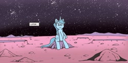 Size: 1396x691 | Tagged: safe, artist:agnesgarbowska, artist:katiecandraw, idw, imported from derpibooru, prince blueblood, rabbit, spoiler:comic, spoiler:comicdeviations, dc comics, doctor manhattan, dr. manhattan, looking at you, male, mars, moon, parody, sitting, sky, solo, space, tribute, watchmen