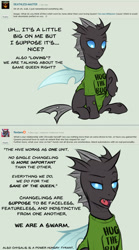 Size: 1000x1796 | Tagged: safe, artist:askbubblelee, imported from derpibooru, oc, oc only, oc:imago, changeling, ask, changeling oc, clothes, cute, deviantart, dialogue, fangs, female, looking at you, misspelling, raised hoof, shirt, sitting, solo