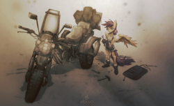 Size: 1600x975 | Tagged: safe, artist:elowo, artist:loukolaworks, imported from derpibooru, scootaloo, anthro, mechanic, motorcycle, signature, wrench