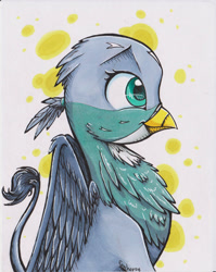 Size: 1024x1286 | Tagged: safe, artist:fanch1, imported from derpibooru, gabby, griffon, abstract background, alcohol markers, bust, chest fluff, cute, female, fluffy, markers, on side, portrait, profile, side, smiling, solo, traditional art