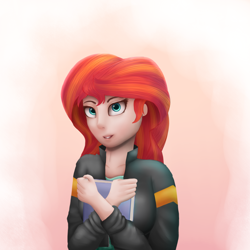 Size: 2000x2000 | Tagged: safe, artist:vanillaghosties, imported from derpibooru, sunset shimmer, human, book, clothes, equestria girls outfit, female, humanized, jacket, leather jacket, simple background, smiling, solo