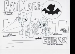 Size: 960x688 | Tagged: safe, artist:newportmuse, imported from derpibooru, rainbow dash, scootaloo, bat signal, batman, batman and robin, batmare, parody, robin, scootachicken, signature, wip