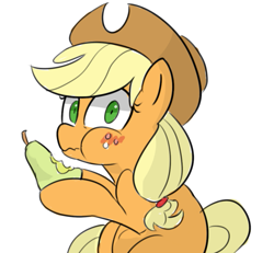 Size: 705x651 | Tagged: safe, artist:lance, imported from derpibooru, applejack, earth pony, pony, blasphemy, blushing, caught, dishonorapple, eating, female, food, freckles, fruit heresy, hat, herbivore, hilarious in hindsight, hoof hold, looking at you, mare, pear, pearesy, pearlarious in hindsight, simple background, sitting, solo, white background