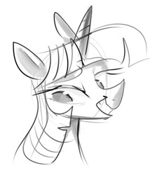 Size: 474x553 | Tagged: safe, artist:pochatochek, imported from derpibooru, twilight sparkle, pony, female, lidded eyes, looking down, sketch, smiling, solo