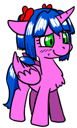 Size: 504x835 | Tagged: safe, imported from derpibooru, oc, oc only, oc:nice girl, alicorn, pony, /s4s/, 4chan, alicorn oc, april fools, blushing, bow, bury pink gril, chest fluff, floppy ears, hair bow, horn, meme, nervous, solo, sweat, wings
