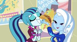 Size: 1280x713 | Tagged: safe, artist:themexicanpunisher, imported from derpibooru, sonata dusk, trixie, equestria girls, rainbow rocks, food, taco