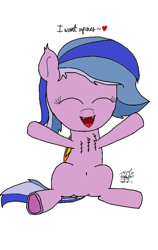 Size: 540x855 | Tagged: dead source, safe, artist:kimjoman, artist:php142, imported from derpibooru, oc, oc only, bat pony, pony, belly button, chest fluff, female, filly, happy, ms paint, simple background, spread arms, spread legs, spreading, upsies, white background