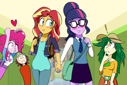 Size: 1500x1000 | Tagged: safe, artist:jase1505, imported from derpibooru, normal norman, pinkie pie, sci-twi, sunset shimmer, sweet leaf, twilight sparkle, series:sunlight horizons, equestria girls, blushing, canterlot high, clothes, cute, female, glasses, heart, holding hands, lesbian, pinkie the shipper, scitwishimmer, shipper on deck, shipping, sunsetsparkle