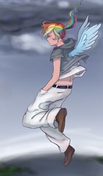 Size: 600x1024 | Tagged: safe, artist:161141, imported from derpibooru, rainbow dash, human, clothes, cloud, commission, female, flying, humanized, midriff, solo, winged humanization, wings