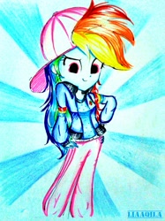 Size: 1390x1854 | Tagged: safe, artist:liaaqila, imported from derpibooru, rainbow dash, equestria girls, spoiler:eqg specials, backwards ballcap, baseball cap, cap, clothes, female, hand on hip, hat, no catchlights, pants, rapper, rapper dash, solo, traditional art