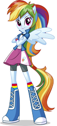 Size: 3011x6684 | Tagged: safe, artist:illumnious, imported from derpibooru, rainbow dash, equestria girls, absurd resolution, boots, bracelet, clothes, compression shorts, crossed arms, equestria girls plus, female, looking at you, magazine, ponied up, ponytail, simple background, skirt, smiling, socks, solo, transparent background, vector, wings, wristband