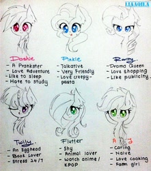 Size: 1134x1280 | Tagged: safe, artist:liaaqila, imported from derpibooru, applejack, fluttershy, pinkie pie, rainbow dash, rarity, twilight sparkle, confused, engrish, grammar error, looking at you, traditional art