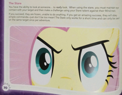 Size: 966x750 | Tagged: safe, imported from derpibooru, fluttershy, tails of equestria, official, stare, text, the stare