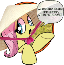 Size: 421x431 | Tagged: safe, imported from derpibooru, fluttershy, asian conical hat, bad advice fluttershy, conical hat, dank memes, exploitable meme, filthy frank, hat, meme, rice fields, shitposting, swearyshy, vulgar, welcome to the rice fields