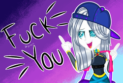 Size: 1058x712 | Tagged: safe, artist:yulianapie26, imported from derpibooru, oc, oc only, equestria girls, backwards ballcap, base used, baseball cap, cap, clothes, female, fuck you, hat, middle finger, open mouth, shirt, smiling, solo, vulgar