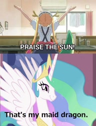 Size: 720x942 | Tagged: safe, imported from derpibooru, princess celestia, alicorn, pony, dark souls, female, mare, meme, miss kobayashi's dragon maid, praise the sun, that's my x, tohru