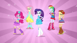 Size: 1920x1080 | Tagged: safe, imported from derpibooru, screencap, applejack, fluttershy, pinkie pie, rainbow dash, rarity, equestria girls, equestria girls (movie), balloon, boots, bow, bracelet, clothes, cowboy boots, cowboy hat, cute, dress, eyes closed, fall formal outfits, female, hand on hip, hat, high heel boots, humane five, jewelry, looking at you, open mouth, raised leg, scarf, sparkles, this is our big night, top hat, wings