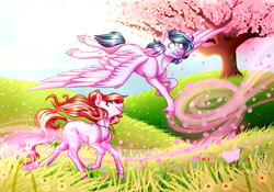 Size: 5000x3500 | Tagged: safe, artist:micky-ann, imported from derpibooru, oc, oc only, earth pony, pegasus, pony, absurd resolution, duo, female, flower petals, flying, grass, male, mare, petals, scenery, smiling, spread wings, stallion, tree, wind, wings