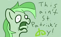 Size: 1062x640 | Tagged: safe, artist:phat_guy, derpibooru exclusive, imported from derpibooru, oc, oc only, oc:darkest hour, pony, april fools, april fools 2017, bust, derp, deviantart logo, dialogue, english, faic, female, green, holiday, loose hair, mare, monochrome, open mouth, portrait, saint patrick's day, screaming, simple background, solo, tongue out, wall eyed, yelling