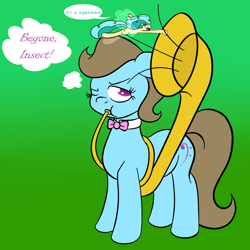 Size: 2000x2000 | Tagged: safe, artist:alexmichanikos, imported from derpibooru, beauty brass, breezie, earth pony, pony, annoyed, bowtie, duo, female, mare, musical instrument, one eye closed, simple background, thought bubble, tuba