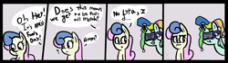 Size: 4897x1364 | Tagged: safe, artist:davierocket, imported from derpibooru, bon bon, lyra heartstrings, sweetie drops, earth pony, pony, unicorn, :t, absurd resolution, april fools, bon bon is not amused, comic, dialogue, duo, grin, hat, jester hat, open mouth, question mark, shutter shades, smiling, sunglasses, text, unamused