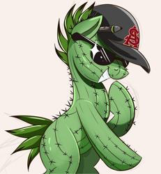 Size: 2250x2439 | Tagged: safe, artist:ncmares, imported from derpibooru, oc, oc only, original species, plant pony, cactus, grin, hat, male, ponysona, simple background, smiling, solo, stallion, sunglasses