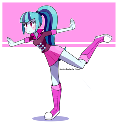 Size: 800x852 | Tagged: safe, artist:riouku, imported from derpibooru, sonata dusk, equestria girls, rainbow rocks, balancing, blushing, boots, clothes, cute, female, legs, ponytail, raised leg, simple background, skirt, socks, solo, sonatabetes, standing, standing on one leg, thighs