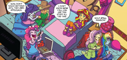 Size: 640x302 | Tagged: artist needed, source needed, useless source url, safe, artist:tonyfleecs, idw, imported from derpibooru, applejack, fluttershy, pinkie pie, rainbow dash, sunset shimmer, equestria girls, backpack, balloon, bed, brush, clothes, confetti, food, hat, nail polish, pajamas, pizza, sleeping bag, sleepover, slippers