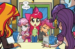 Size: 1600x1035 | Tagged: safe, artist:tonyfleecs, idw, imported from derpibooru, apple bloom, rarity, scootaloo, sunset shimmer, sweetie belle, equestria girls, spoiler:comicholiday2014, anon-a-miss, cutie mark crusaders, out of context