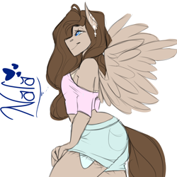 Size: 1280x1280 | Tagged: safe, artist:sarah-loves-christmas, imported from derpibooru, oc, oc only, oc:nala, anthro, pegasus, anthro oc, clothes, daisy dukes, female, jewelry, mare, midriff, shirt, shorts, solo