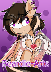 Size: 750x1050 | Tagged: safe, artist:beardie, imported from derpibooru, oc, oc only, oc:buttercream scotch, hippogriff, badge, blaze (coat marking), coat markings, facial markings, female, solo, tongue out