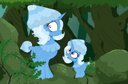 Size: 2458x1609 | Tagged: safe, artist:paskanaakka, derpibooru exclusive, imported from derpibooru, trixie, mushroom pony, original species, pony, unicorn, duo, female, filly, forest, mare, mushroom, shroomsie, species swap