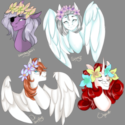 Size: 1280x1280 | Tagged: safe, artist:sarah-loves-christmas, imported from derpibooru, oc, oc only, oc:doctor silver lining, oc:doctor sunfire, oc:elegant script, oc:lavender swirl, earth pony, pegasus, pony, unicorn, bust, eyepatch, female, flower, flower in hair, glasses, mare