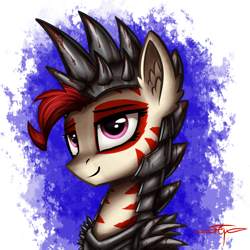 Size: 1000x1000 | Tagged: safe, artist:setharu, imported from derpibooru, oc, oc only, oc:rampage, earth pony, pony, fallout equestria, fallout equestria: project horizons, armor, bust, cute, female, lidded eyes, mare, portrait, signature, smiling, solo, spiked armor, spikes