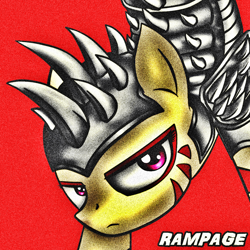 Size: 1344x1344 | Tagged: safe, artist:quanxaro, imported from derpibooru, oc, oc only, oc:rampage, earth pony, pony, fallout equestria, fallout equestria: project horizons, armor, female, solo, spikes