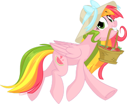 Size: 1024x839 | Tagged: safe, artist:kellythedrawinguni, imported from derpibooru, oc, oc only, oc:fancy fruit, pegasus, pony, basket, female, food, hat, mare, mouth hold, simple background, solo, strawberry, transparent background