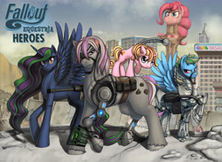 Size: 4500x3300 | Tagged: safe, artist:pinkuh, imported from derpibooru, oc, oc only, oc:flare, oc:hired gun, oc:platinum haze, oc:serenity (fallout equestria: heroes), alicorn, cyborg, earth pony, pegasus, pony, unicorn, fallout equestria, fallout equestria: heroes, absurd resolution, alicorn oc, armor, battle saddle, clothes, enclave armor, eyepatch, group shot, pipbuck, power armor, prosthetic limb, prosthetics, saddle bag