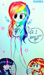 Size: 1101x1854 | Tagged: safe, artist:liaaqila, imported from derpibooru, rainbow dash, sunset shimmer, twilight sparkle, equestria girls, alternate universe, cute, dashabetes, sweet, traditional art