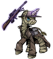 Size: 1280x1414 | Tagged: safe, artist:inlucidreverie, imported from derpibooru, oc, oc only, oc:stranger, pony, unicorn, fallout equestria, bandage, clothes, gun, hat, simple background, transparent background, trenchcoat, weapon